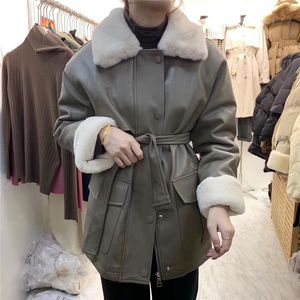 Cappotto da donna in pelliccia sintetica con collo rovesciato con cintura medio lungo cappotto in pelle PU fodera in pelliccia sintetica caldo casacos