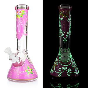 12" Handpainted Floral Glass Beaker Bong Water Pipe Hookah 7mm Thick Ice Ash Catcher Dab Oil Rigs Smoking Bongs Bubbler Pipes Bowl