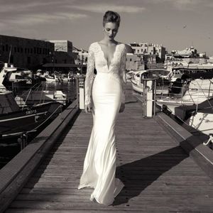 Sexig Deep V Neck Mermaid Bröllopsklänningar för brud 2022 Lång ärm Simple Bridal Bröllopsklänningar Sommar Boho Beach Robe de Mariée Mariage Formell Reception Wear