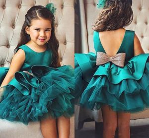 Koyu Yeşil Dantel Aplike Çiçek Kız Elbise Ucuz Küçük Kız İletişim Kıyafeti Kısa Prenses Doğum Günü Örgün Gelinlik