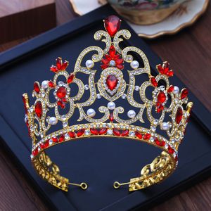 Vintage King Queen Diadema Barocco in metallo dorato Diademi Cristallo rosso Perla Corona Sposa Accessori per capelli da sposa Gioielli per capelli da donna J0113