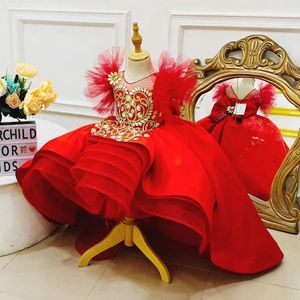 Röd pärlstav bollklänning Girls Pageant Dresses High Low Princess Flower Girl Dress Golvlängd Tulle Tiered First Communion Gowns 415