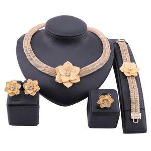 African Gold Color Flower Jewelry Sets For Women Bridal Wedding Gifts Party Necklace Earrings Ring Set Saudi Arabia Jewellery