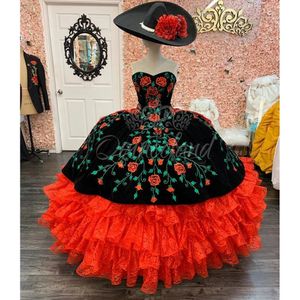 Wholesale red and black quinceanera dress resale online - 2022 Vintage Black and Red Ball Gown Quinceanera Dresses Sweetheart Flowers Embroidery Satin Ruffled Corset Mexican Vestido De Anos Prom Formal Dress