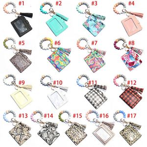 Keychain Armband Silikonplånbok BEAD KEAD RING MED CARD HOLDER WRISTLET CAR Pärled Bangle With Leather Tassel For Women Girls Elastic Beads Keys Cars Keychains