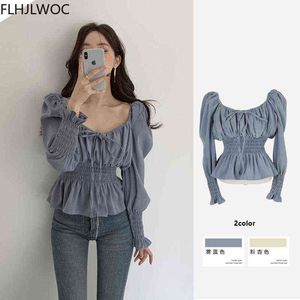 Chic Korea Off Shoulder Tops Blusas Women 2021 Spring Solid Color Bow Tie Slim Waist A Line Belly Peplum Short Shirts Blouses H1230