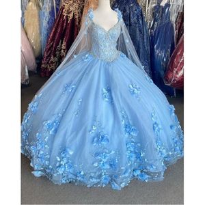 Bahama Blue 3D Flowers Quinceanera Dresses With Wrap Crystal Beaded Dress Evening Gowns Classic Sweetheart Lace-up Sweet 16 Dress 238k