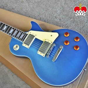 Toppkvalitet GYLP Metallblå färg LP Elektrisk gitarr Fast kropp med bindning Pearl Inlay Rosewood Fretboard strängar OEM