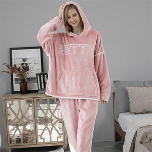 MELIFLE Winter Warm 100% Flannel Soft Pink Pajama Sets for Women Atoff Home Velvet Satin Sleepwear Fashion Plush Silk Sleepwear 201217