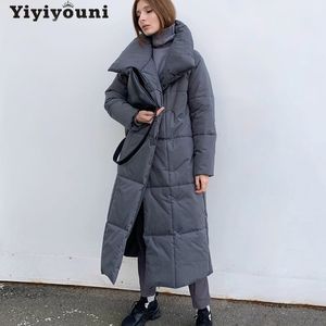 Yiyiouni特大の厚い長いパーカーの女性堅い長袖ボタンポケットジャケット女性のカジュアルストレートウィンターコートレディ210203