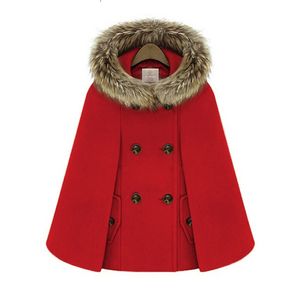 Woolen Female Elegant Poncho and Capes Coat Women Hooded Cape Fur Collar Double Breasted Winter Loose Street Short Overcoat Red 201214