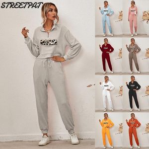 Fatos de treino femininos com nervuras de malha 2 peças conjunto de roupas femininas casuais streetwear bolso manga longa pulôver + calças terno primavera roupas de descanso 20