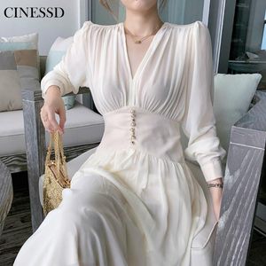 Casual Dresses Elegant Dress Women Solid Long Sleeve Fairy Party Office Lady Sexy V-neck Loose Midi 2021 Autumn Clothing Female