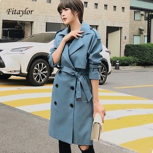 Fitaylor Novo Duplo Breasted Mid-Long Trench Revestimento Mulheres Casual Cinto Slim Canto Do Vintage Windbreaker Outwear 201120