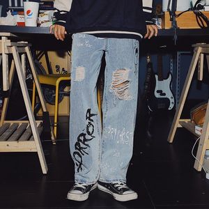 Мужские джинсы High Street 2022 Мода Хип-Хмель Граффити Японские Ломанные Отверстия Свободные Свободные Режущие буквы Широкие штаны 1