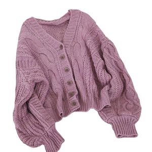 가을 겨울 여성 카디건 한국식 레트로 솔리드 컬러 V 넥 니트 느슨한 짧은 트위터 스웨터 코트 293H 210420