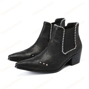 Winter Fashion Beading Pointed Toe Men Ankle Boots Increase Height Party Dress Boots Genuine Leather Boot