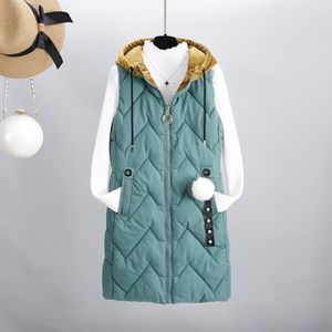 Engrossar quente Plus Size Vest Inverno Mulheres Nova Pele Bonito Pompom Longa Casaco Sem Mangas Feminino Moda Slim Capuz Casaco Mulheres 201102