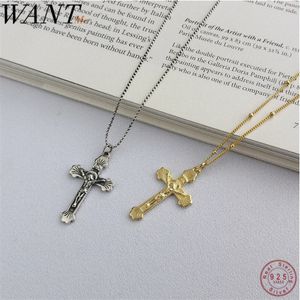 WANTME New Genuine 100% 925 Sterling Silver Religion Christ Jesus Cross Charm Chain Pendant Necklace for Women Men Fine Jewelry Q0531