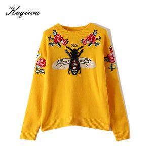 Pista di modo delle donne maglione autunno inverno ricamo floreale ape animale manica lunga giallo pullover maglione top B-006 201221