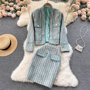 Abiti da lavoro di alta qualità Piccola fragranza Tweed Set a due pezzi Donna Giacca corta di lana Cappotto + Gonna Abiti Autunno Inverno Vintage 2 Set