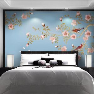 Mural niestandardowy tapeta 3D malowidła ścienne nowy chiński styl elegancki brzoskwiniowy ręcznie malowany pen kwiat ptak mural tle tło tle tapka 1