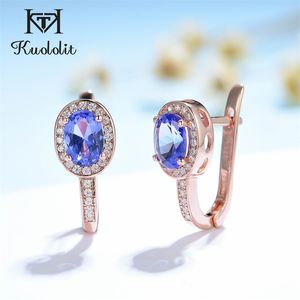 Kuololit Rose Gold Tanzanite Gemstone Clip Earrings for Women Genuine Sterling Silver Oval Jewelry Engagement
