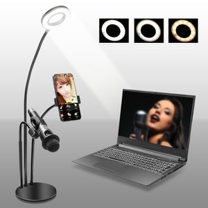 2 1Dimable LED Yüzük Işık Halka Lambası Ile Standı Ile Baz Mikrofon Telefon Tutucu Için Telefon Selfie Canlı Yayın Video Işık