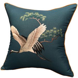 Luxury Embroidery Crane Cushion Pillow Chinese Dining Chair Armchair Back Office Home Decor Cotton Linen Sofa Lumbar Pillow 50x50cm 35x50cm