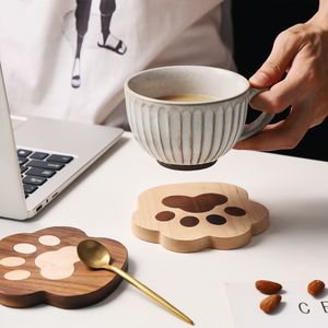 DUNXDECO Table Placemat Coffee Cup Pad Fresh Cute Cat Claw Wood Coasters Unique Cork Coaster Mat Modern Art Desk Decoration 2PCS Y1127