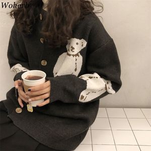 Woherb 2020 Japonês Kawaii Cardigan Mulheres Camisola Bonito Casaco Desenhos Animados Urso Imprimir Korean Knitwear Meninas Sweet Lote Cardigans LJ201114