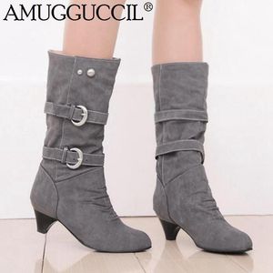 2020 New Plus Big Size 34-43 Black Beige Gray Yellow Buckle Fashion Mid Heel Calf Female Lady Autumn Winter Women Boots X18471