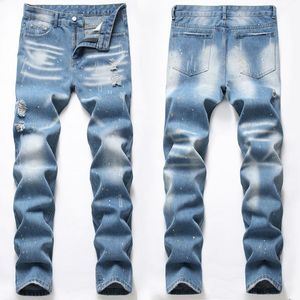 Mäns Jeans Denim Men Ripped Elastic Retro Blå Casual Byxor Lång bomull Högkvalitativ Slim Fit Skinny Hip Hop Jean Byxor