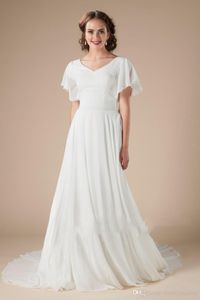 Nowe nieformalne boho szyfonowe skromne sukienki ślubne z trzepotaniem rękawów A-line proste bohemian lds mostowe sukienki ślubne
