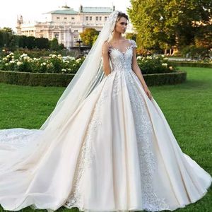 Fabulous Plus Size Mermaid Lace Wedding Gowns Cap Sleeves Bridal Dresses Long Train Jewel Neck Beaded Satin Vestido De Novia Ball Gown