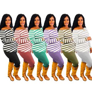 Plusowe rozmiar 3xl jesień zimowe kobiety Spirowe Pullover Stripe Blobie spodnie dwupoziomowe zestaw stały kolor gładki stroje długie rękawy 4150