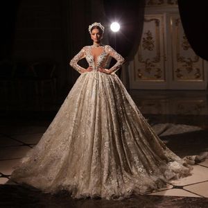 Long Vintage Sleeve Wedding Dresses Lace Appliques Arabia Bridal Gowns Sequin Beaded Customise Vestido De Novia