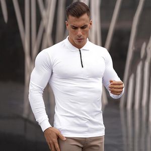 Mens Primavera Sólida Polo Camisa Manga Longa Slim Fit Polos Moda Streetwear Tops Homens Algodão Fitness Esportes Casuais Camisas de Golfe 220224