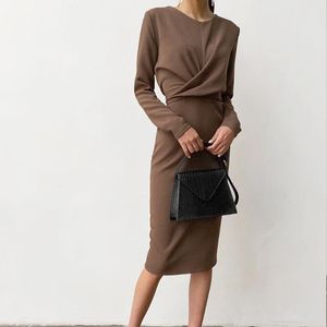 Autumn Winter Dress Women 2021 Casual Long Sleeve Slim Office Bodycon Dresses Elegant Sexy Chic Cross Draped Long Party Dress