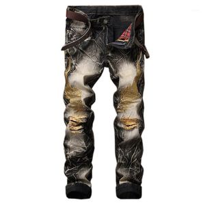 Partihandel- 2017 Slim Fit rak plus män jeans Slim fit wing broderad cyklist denim Pants Man Rap Casual Hole Ripped Punk Jeans1