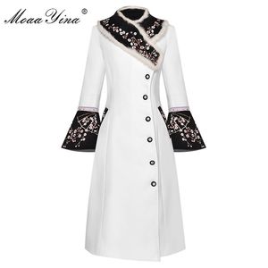 MoaaYina Fashion Designer Cappotto di lana Inverno Donna Collo di pelliccia di coniglio Manica lunga Ricamo Elegante Mantieni caldo Soprabito 201218