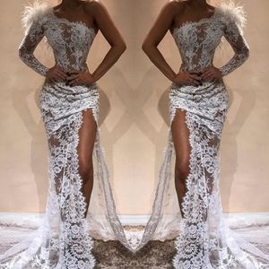 Champagne Full Lace Prom Dress Side Slit Sexy Evening Dress Feather Sheer Lace Party Mermiad Dresses Custom Made