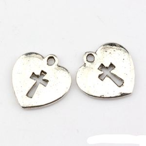 Croce taglio cuore fascino ciondoli gioielli creazione di fai da te artigianato fatto a mano 17x16mm argento antico 150pcs