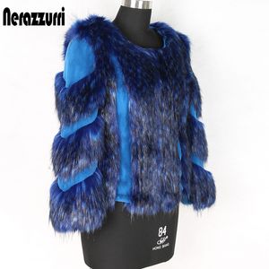 Nerazzurri 겨울 여우와 렉스 토끼 컬러 블록 패치 워크 가짜 재킷 블루 짧은 따뜻한 큰 크기 인조 모피 코트 여성 201212