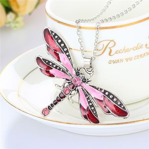 Antique Silver Rhinestone dragonfly Necklace Enamel dragonfly Pendant Women Fashion Jewelry will and sandy drop ship