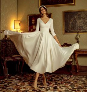 Nowy Proste Białe Suknie Ślubne Długość Herbaty Z Pół Rękawem Soft Satin Beach Boho Bridal Suknia Princess Party Dress Tanie 2021