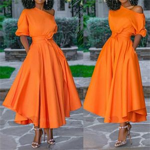 Kvinnor klänning nakna axel midja bälte lång en linje pläterad orange casual mode kvinnlig damer elegant ny höst sommar robes lj200818