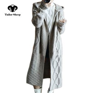 Skräddare Får Höst Vinter Ny Hooded Coat Kvinnor Lös Cardigan Kvinna Lång Cashmere Sweater Tjock Strikkad Ull Cardigan 201202