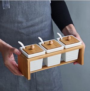 Creative square wave ceramic Kitchen Storage seasoning can simple three piece set of household MSG salt bottle box