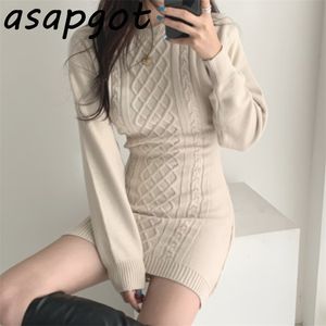 Korean Ins Autumn Winter Temperament Round Neck Sweater Dress Bodycon Open Back Slim Wrap Hip Knitted Dres Chic Thick 211221